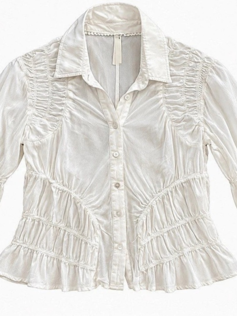 Anthropologie Ruched Button Front Blouse in White Size Small Like New